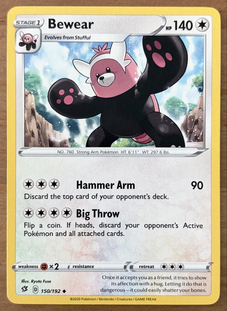 Bewear | Pokemon Cards ~ Rebel Clash (Category: Raw Singles) located in Makati City. Submitted by cardlab (Listing ID 1464977324, Image 1). Description: Items are 💯 authentic/original/legit. About The Card: •Language: EN • Number: 150/192 • Uncommon • Normal FOR: • Cards ₱99 and below with Card Sleeves • Cards ₱100 and up with Card Sleeves and Used Toploader • ₱10 for Bnew Tops Packaging (If Shipping): ✔️ Plastic cover ✔️ Cardboard ✔️ Bubble wra