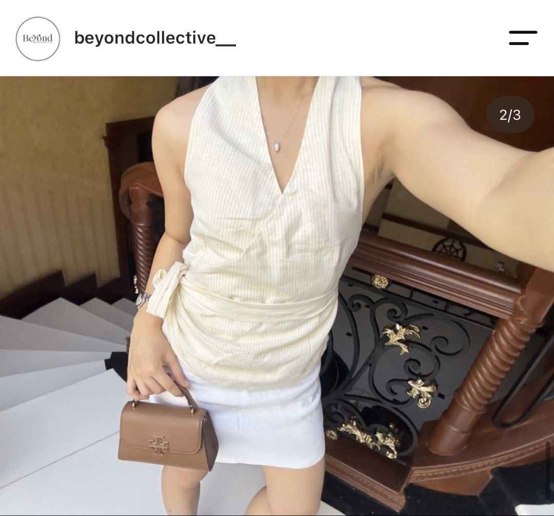 Beyond Collective Lily Top (XS) (Category: Sleeveless) located in Manila. Submitted by d.rosie844 (Listing ID 1465028972, Image 1). Description: - Style: Yellow and white striped halter top with a chic wrap-around design - Neckline: Flattering V-neck cut - Fit: Adjustable waist with a side tie ribbon for a custom fit - Versatility: Pairs easily with skirts or high-waisted shorts.