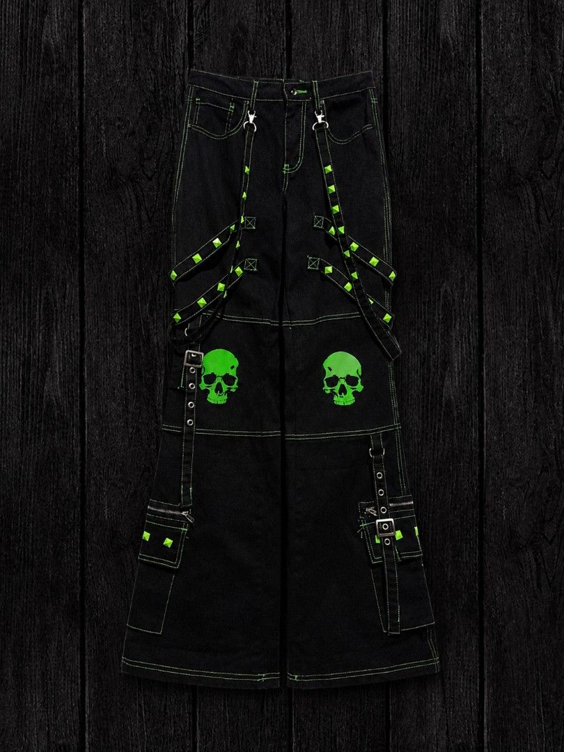 Black & Green Skull Stud Strap Flare Pants | Hot Topic (Category: Jeans) located in Manila. Submitted by getscared (Listing ID 1465107770, Image 1). Description: .