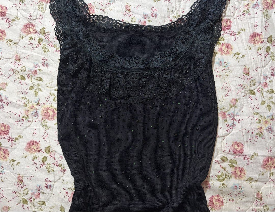 Black Lace Rhinestone Top (Category: Sleeveless) located in Muntinlupa City. Submitted by herellas0504 (Listing ID 1465114075, Image 2). Description: Black Lace Rhinestone Top Mine: 150 | Lock: 250 ———————————— size: small-med no issue, pretty so much! body fit.