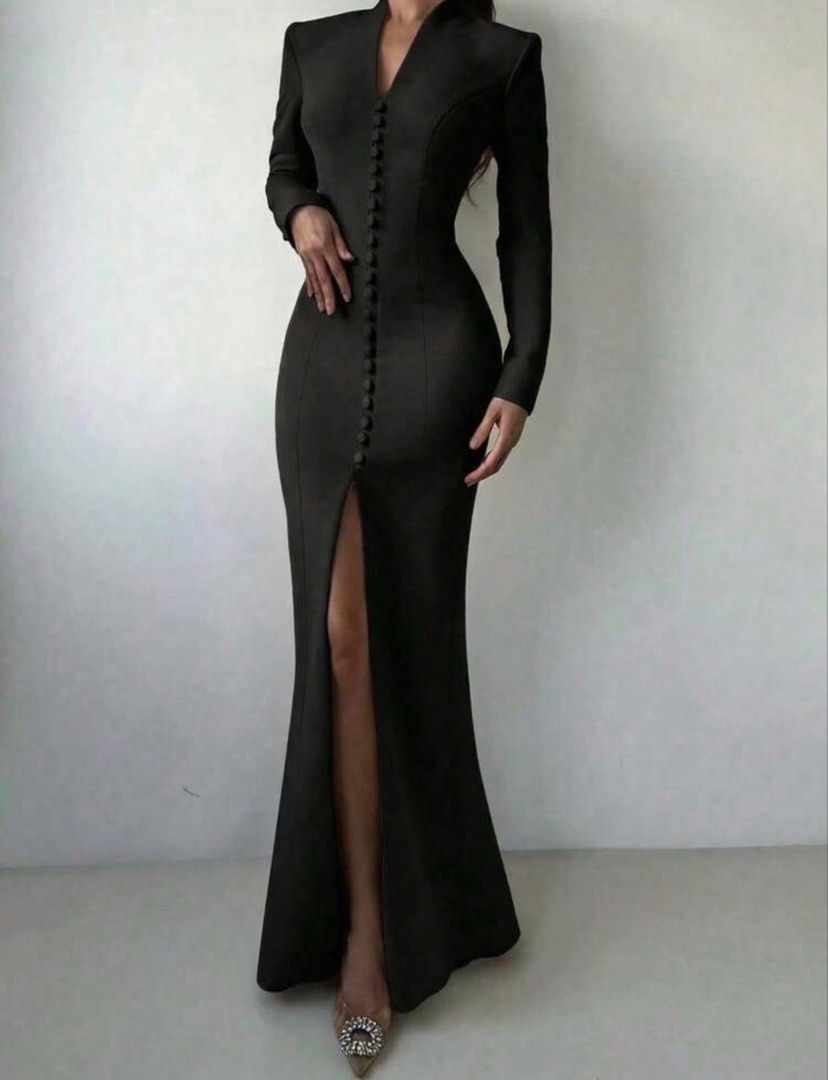 Black Long Sleeve Dress with Front Split and Buttons (Category: Evening dresses & gowns) located in Taguig. Submitted by AUS_AnythingUsedSale (Listing ID 1465005322, Image 1). Description: Condition: once worn for pictorial Size: XL Bust: 104 cm, Sleeve length: 66.2 cm Design: Long sleeves, stylish padded shoulders, and button-down front Details: High thigh slit, fitted silhouette, floor-length hem, and clean back center seam Fabric: Beautiful dr