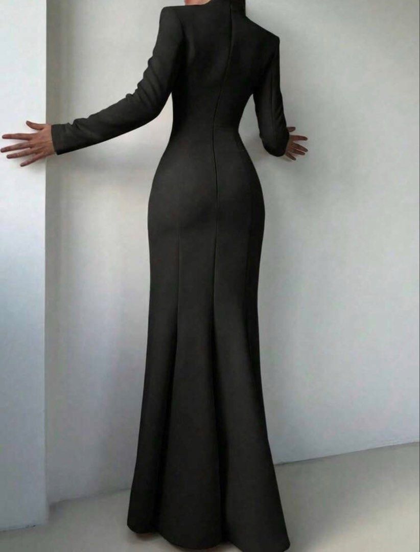 Black Long Sleeve Dress with Front Split and Buttons (Category: Evening dresses & gowns) located in Taguig. Submitted by AUS_AnythingUsedSale (Listing ID 1465005322, Image 2). Description: Condition: once worn for pictorial Size: XL Bust: 104 cm, Sleeve length: 66.2 cm Design: Long sleeves, stylish padded shoulders, and button-down front Details: High thigh slit, fitted silhouette, floor-length hem, and clean back center seam Fabric: Beautiful dr