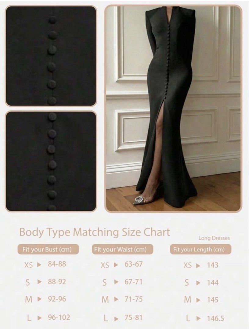 Black Long Sleeve Dress with Front Split and Buttons (Category: Evening dresses & gowns) located in Taguig. Submitted by AUS_AnythingUsedSale (Listing ID 1465005322, Image 3). Description: Condition: once worn for pictorial Size: XL Bust: 104 cm, Sleeve length: 66.2 cm Design: Long sleeves, stylish padded shoulders, and button-down front Details: High thigh slit, fitted silhouette, floor-length hem, and clean back center seam Fabric: Beautiful dr
