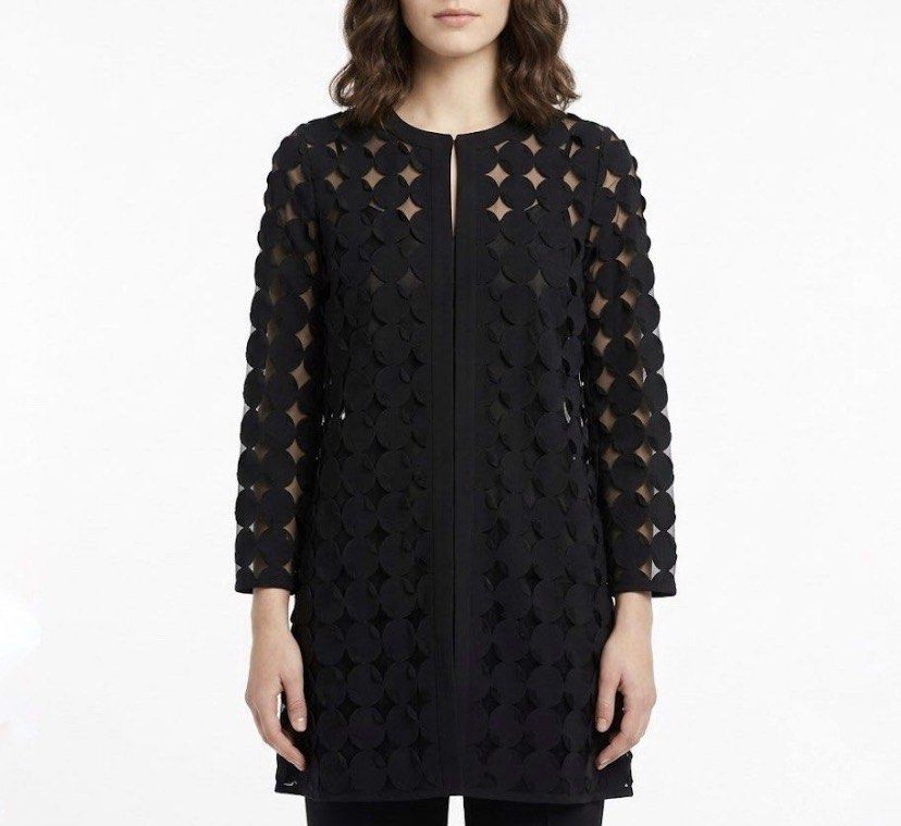 Black Semi-Sheer Silk Laser-Cut Circle Pattern Tunic Cardigan (Category: Coats, Jackets and Outerwear) located in Caloocan City. Submitted by declutteringph. (Listing ID 1465002923, Image 2). Description: Size 4 on the tag! Dimensions: (inches) Shoulder Width: 15” Bust width: 19” Body Length: 33” Sleeves Length: 23” .
