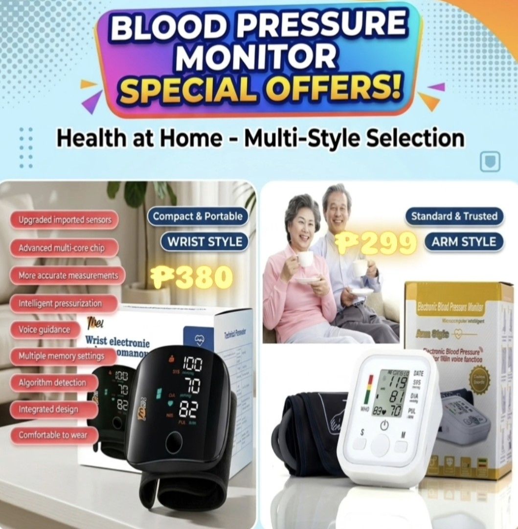 Blodd Pressure Wrist Style / Arm Style (Category: Medical Supplies & Tools) located in Valenzuela. Submitted by shesstore (Listing ID 1465012823, Image 1). Description: 💯 Check out our brand-new and tested Onhand! 👋 **Prices:** - Wrist Style: ₱380 - Arm Style: ₱299 Feel free to PM us for any inquiries!.
