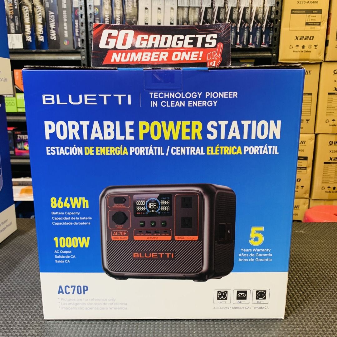 BLUETTI AC70P Portable Power Station (Category: Other Home Appliances) located in Pasay City. Submitted by eckang12 (Listing ID 1465029666, Image 1). Description: ⚡ Key Features 864Wh Battery Capacity 1,000W Continuous AC Output 2,000W Surge Power LiFePO₄ Battery Pure Sine Wave Inverter 950W Turbo AC Charging 500W Maximum Solar Input UPS Function — ≤20ms switching time Bluetooth App Connectivity Pass-through charging 3,000+ cycles to 80% capacity