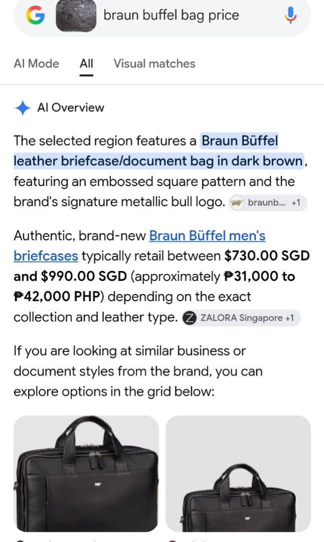 Braun Buffel Dark Brown Leather Laptop Briefcase (Category: Briefcases) located in Lemery. Submitted by venus23 (Listing ID 1465094160, Image 2). Description: - Brand: Braun Buffel - Material: Genuine leather in dark brown with embossed square geometric pattern - Hardware: Silver-tone with iconic metal bull logo emblem - Interior: Monogram fabric lining with multiple zippered compartments, pen loops, and structured organizers - Handles: Sturdy du