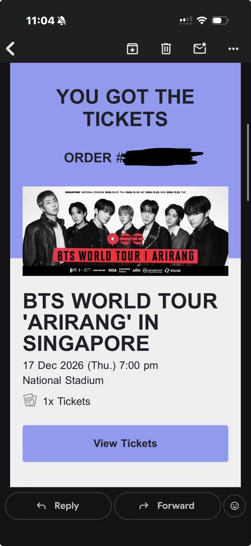 BTS ARIRANG IN SINGAPORE (Category: Events Tickets) located in Manila. Submitted by Booktoks4sale (Listing ID 1465112353, Image 1). Description: 1 tix for 17 Dec (Day 1) Weverse Presale - $248 Section - 119A - price negotiable (nothing below srp + booking fee) - serious buyers only - willing to give ticketmaster account - rfs: change of plans, will buying going to 22 Dec instead w/ my friend. Please note that i cannot do meet ups kasi i moved to 