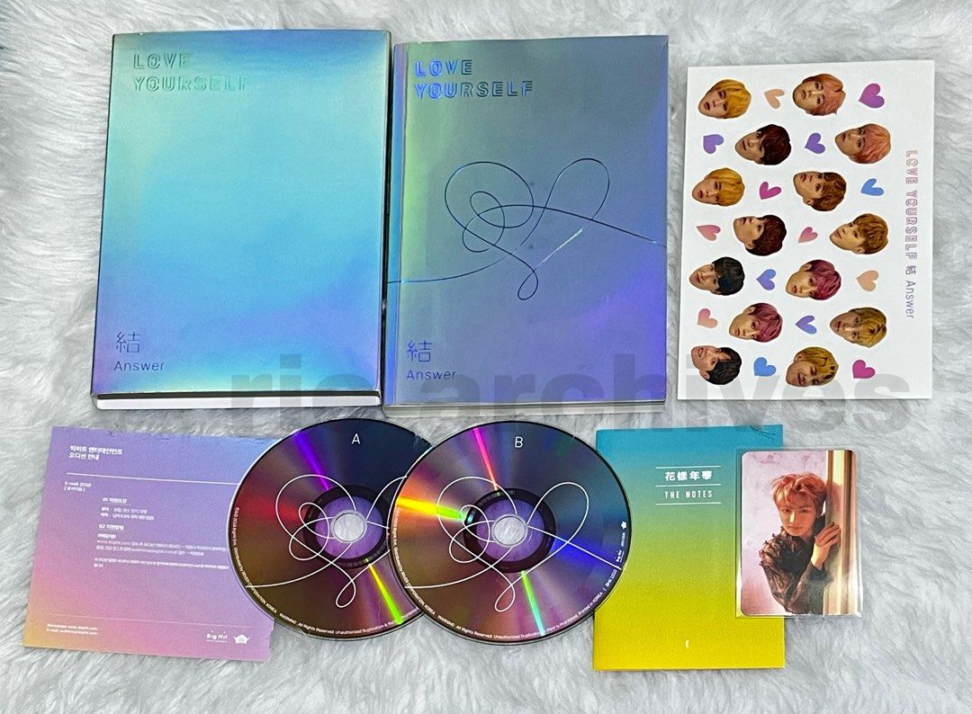 BTS Love Yourself ‘Answer’ Version E (Category: CDs & DVDs) located in Manila. Submitted by ciciriee (Listing ID 1465029901, Image 1). Description: Includes outer sleeve, photobook, 2 CDs, mini book, sticker sheet, and jungkook photocard. dm for more inquiries !!.