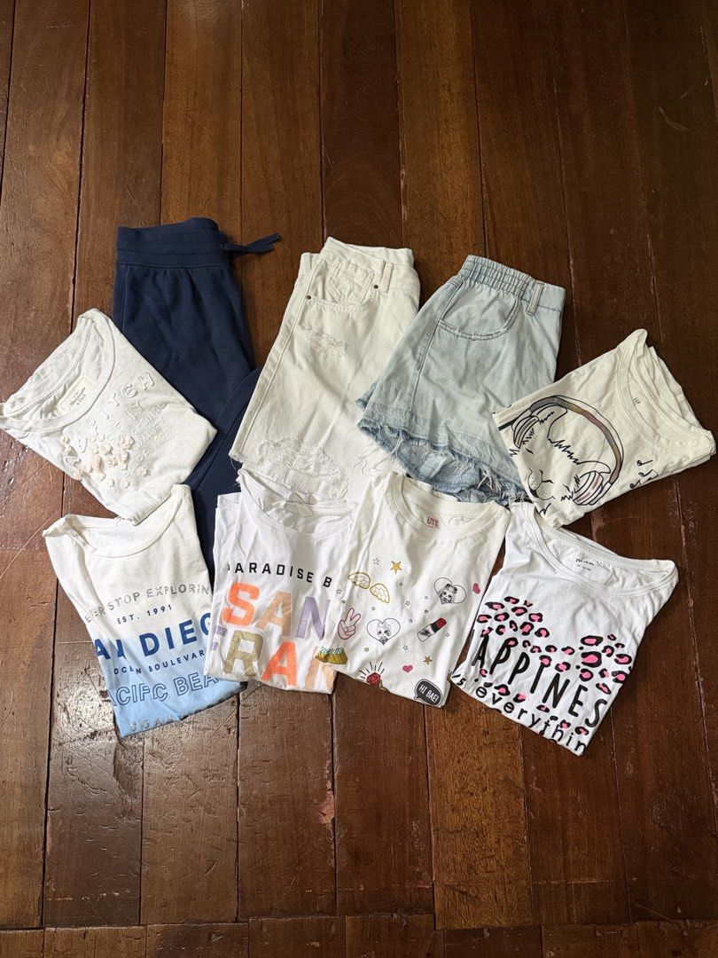 Bundle Sale for Girls (Category: Babies & Kids Fashion) located in Quezon City. Submitted by pateeangel (Listing ID 1465005574, Image 1). Description: 📍Take all (6 tops & 3 bottoms) for 1,000 pesos 📍Branded tops and bottoms 📍Fits 9-12yo 📍some have washable dirt due to storage 📍Tops - Brand: Max (white tee with Happiness print) 15-16 yo on tag - Brand: Gap white tee XXL on tag (runs small) - Uniqlo (LOL design) 140 on tag - H&M (San Fran prin