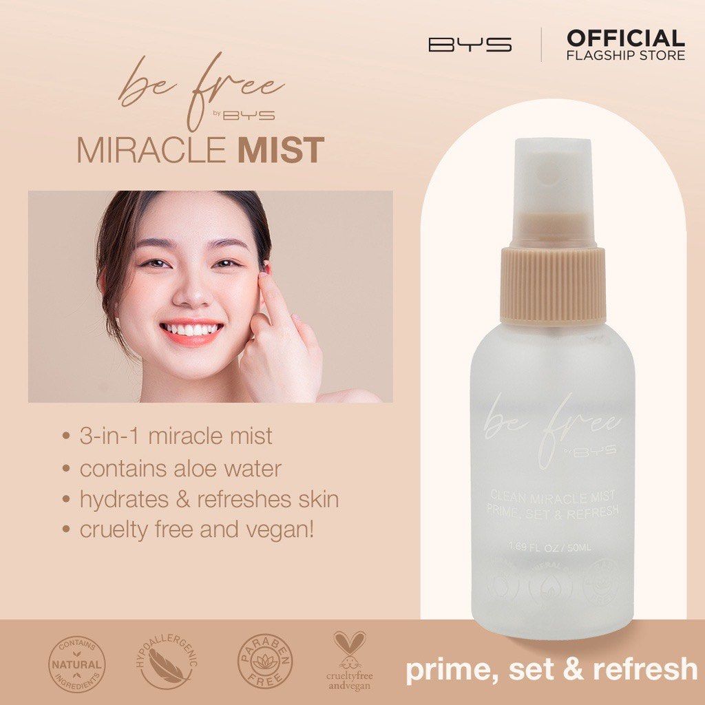 BYS Be Free Mist & Pressed Powder Foundation Set (Category: Makeup) located in San Mateo. Submitted by g.stuff (Listing ID 1464982374, Image 2). Description: - BYS Be Free Set - Miracle Mist 50ml (50% used - 699php original price) - Pressed Powder Foundation in Natural Beige 7g (NEW 699php original price) - Multi-tasking mist primes, sets, and refreshes - Pressed powder offers a lightweight, semi-matte finish - 100% cruelty-free and vegan - Free 