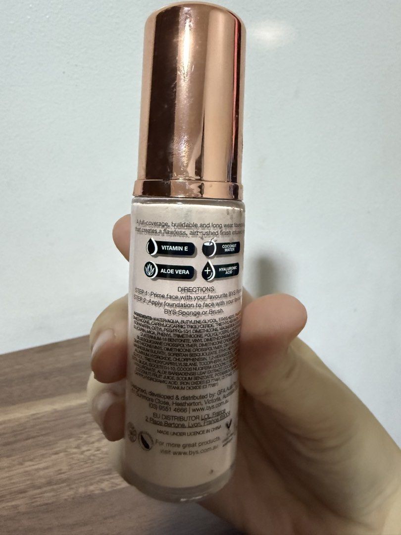 BYS Full Coverage Foundation Ivory 30ml (Category: Makeup) located in Manila. Submitted by munchkindeclutters (Listing ID 1465033573, Image 2). Description: - Shade: Ivory - Size: 1.01 fl oz / 30ml - Formula: Infused with hyaluronic acid, vitamin E, coconut water, and aloe in vera for deep hydration - Finish: Buildable, long-wear, full coverage - Packaging: Pump dispenser bottle with a chic rose gold cap - Details: Full ingredient deck and direct