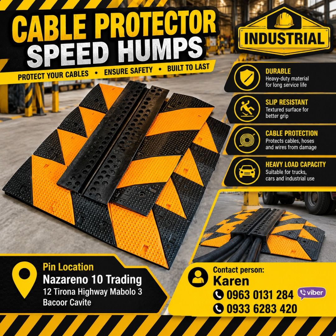 Cable protector Speed Humps (Category: Looking For) located in Bacoor. Submitted by kajezame.2021 (Listing ID 1465000845, Image 1). Description: Cable protector Speed Humps For More Details and Discount Contact Ms. Karen NAZARENO 10 TRADING 0963 0131 284 0933 6283 420 0956 7028 557 0933 8559 510 Landline: Look for Ms. Karen (046 ) 416 3920 Also available: • Traffic cone • Parking Block stopper • Hooded trash bin • Road Plastic Barrier • Spill boo