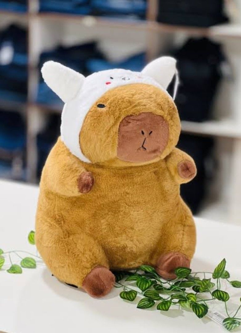 Capybara plush toy with white bunny hat (Category: Plushies & Soft Toys) located in Manila. Submitted by liziee.collections (Listing ID 1465148623, Image 1). Description: Perfect for gift - Buyer may request a gift bag and customized letter for gifting ❀ With freebies ❀ PRICE IS STILL NEGOTIABLE ❀ What you see is what you get.