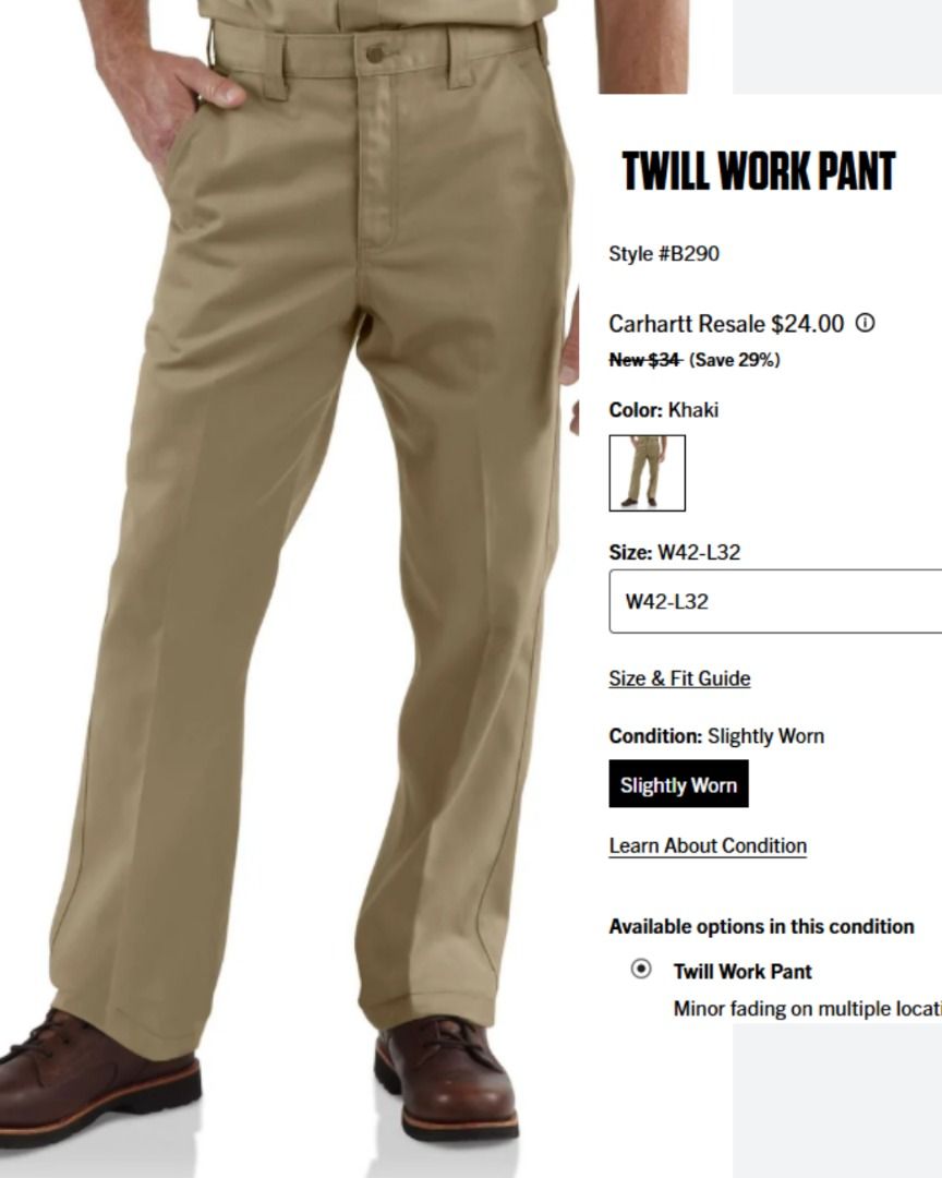 Carhartt Khaki Blended Twill Work Pants (Category: Trousers) located in Baguio. Submitted by marcusmartin2600 (Listing ID 1465117080, Image 2). Description: Size: 32 x 34 on tag Condition: Excellent | signs of usage 📏 Measurement via Tape Measure (in inches): Waist Circumference: 33” Length: 45” leg opening: 9” Inseam: 34” Front rise: 13.5” Back rise: 14.5” . Note: Please check detailed photos before bidding to avoid cancellations. Also availabl