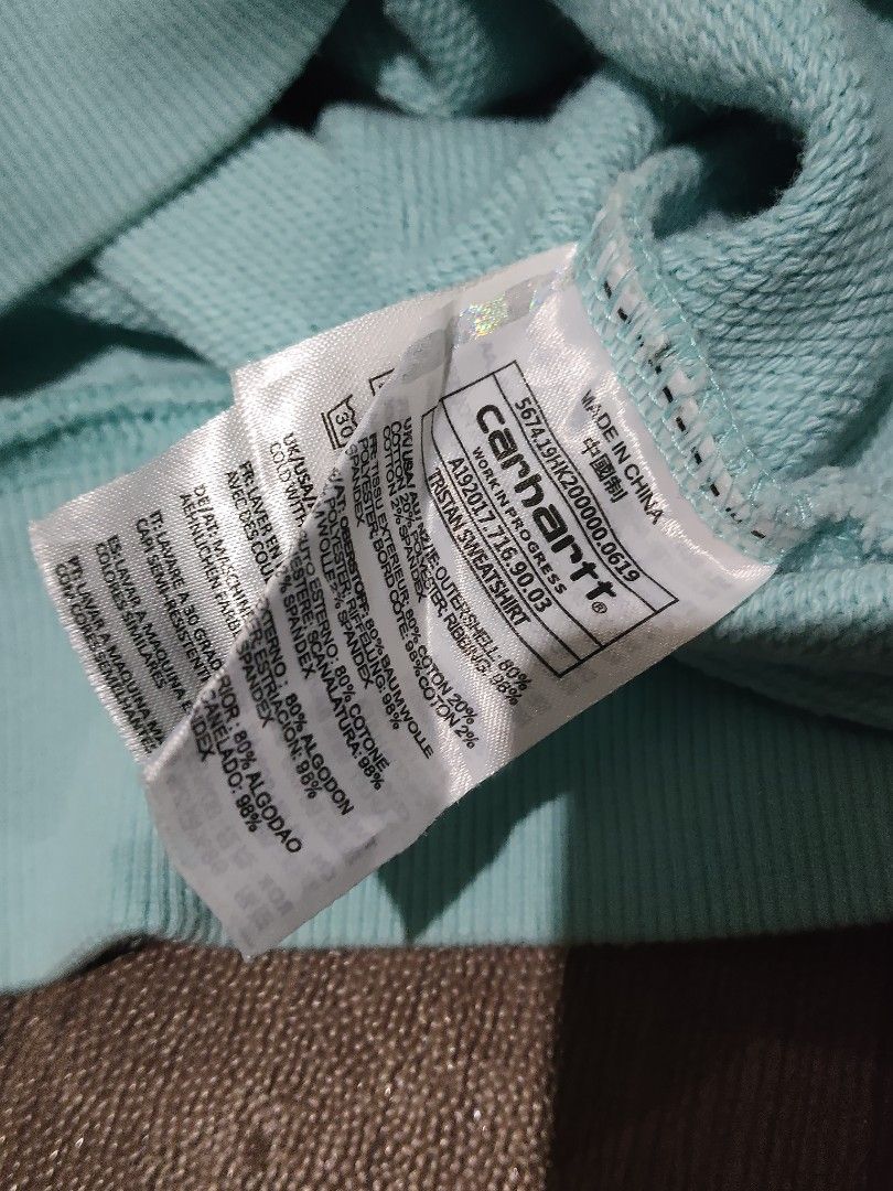 Carhartt WIP Tristan Sweatshirt Light Blue Size L (Category: Coats, Jackets and Outerwear) located in Mamburao. Submitted by renzocutie (Listing ID 1464975310, Image 3). Description: LENGTH 29 WIDTH 24 EXCELLENT CONDITION NO ISSUE - Brand/Model: Carhartt WIP Tristan Sweatshirt - Color: Light Blue - Size: L (Tag attached) - Details: Embroidered white Carhartt script logo on chest, crewneck style, ribbed cuffs and hem - Material: 80% cotton, 20% po