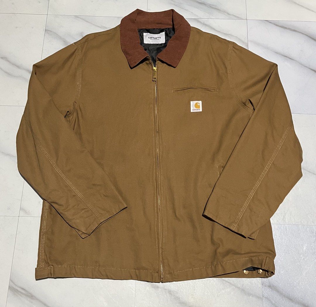 Carhartt WIP Work In Progress Brown Detroit Jacket (Category: Coats, Jackets and Outerwear) located in Cavite. Submitted by christianzuuu (Listing ID 1465112429, Image 1). Description: - Off/ Legit lang sa items Carhartt WIP brown canvas jacket with corduroy collar, front zip, and logo patch. Size and fit details in photos. Legit authorized distributor stock..