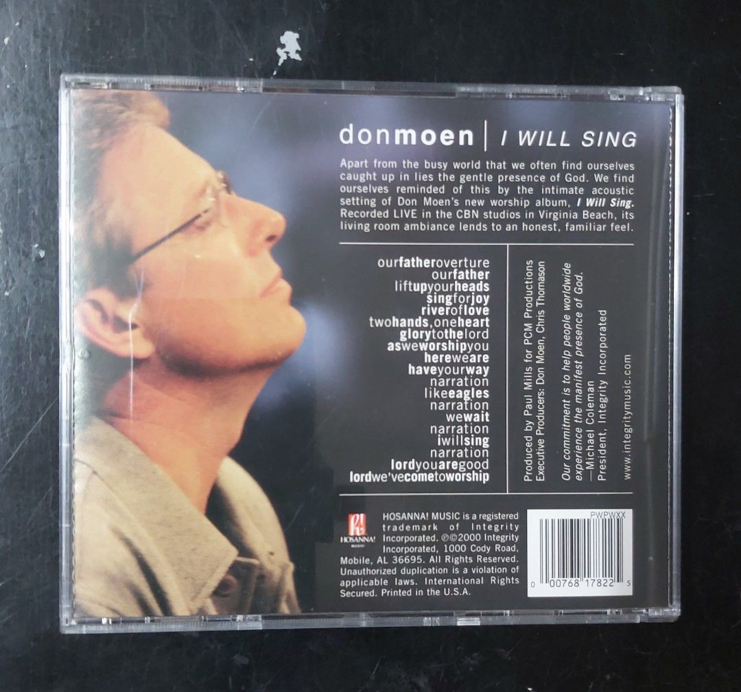 cd praise Don Moen - I Will Sing Live Worship (open) (Category: CDs & DVDs) located in Antipolo. Submitted by rlt1870 (Listing ID 1464978437, Image 2). Description: cd and inlays are in good condition. - Recording: Live at CBN Studios, Virginia Beach - Notable Tracks: Our Father Overture, River of Love, Lord You Are Good Antipolo Rizal.