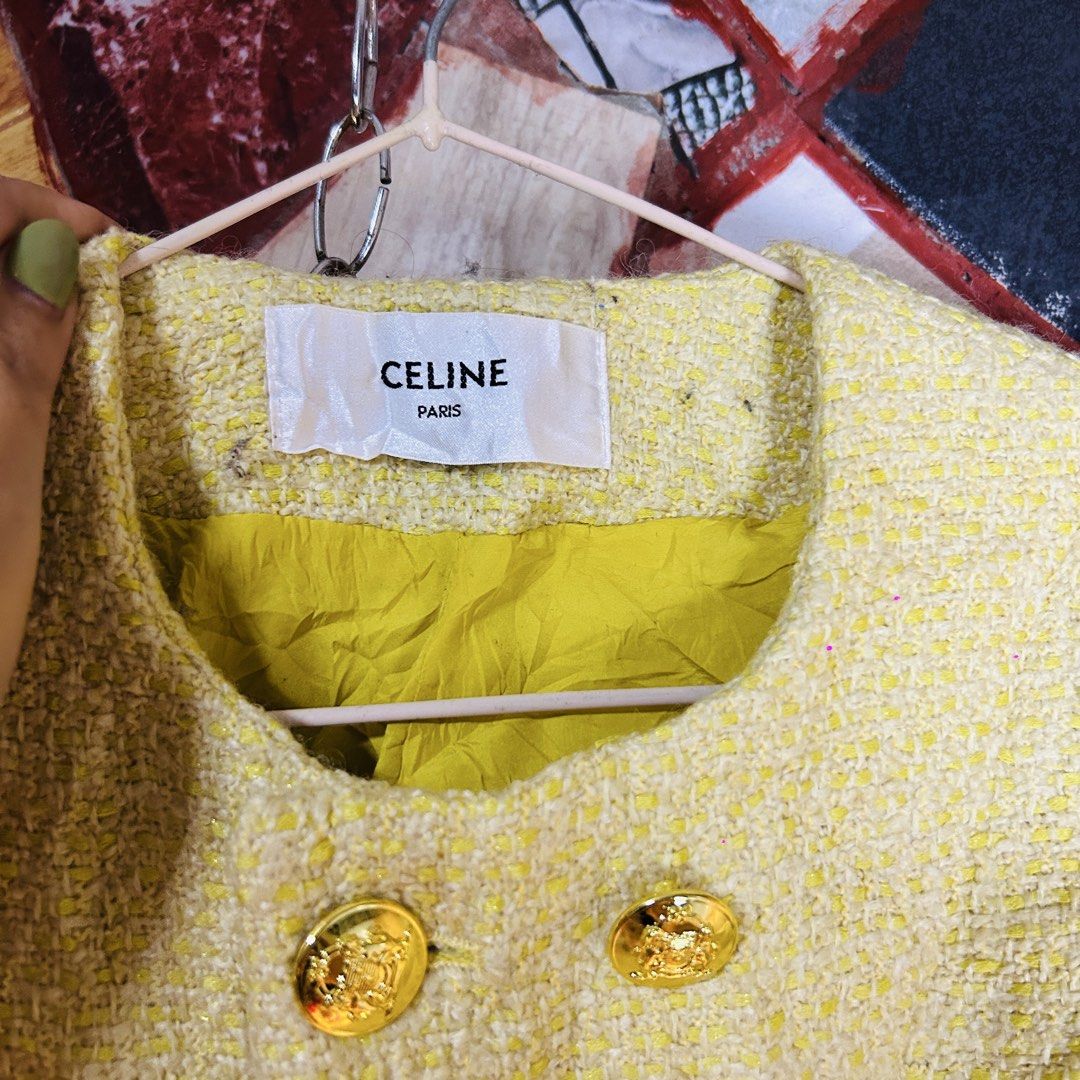 Celine tweed jacket (Category: Luxury Apparel) located in Baguio. Submitted by kckc_luxury (Listing ID 1465107644, Image 2). Description: 🌸 TINY PINK SPOTS ARE LENS DAMAGE, NOT CLOTH STAINS ————————— ❗️KINDLY READ BEFORE MAKING AN OFFER❗️ LISTING DETAILS size:small width x length (inches):17.5x20 condition: EXCELLENT --- MOP: Gcash / BPI MOD: J&T / JRS LOCATION: Baguio City --- NOTE: • Manage your expectations • Photos did not go under any edit 