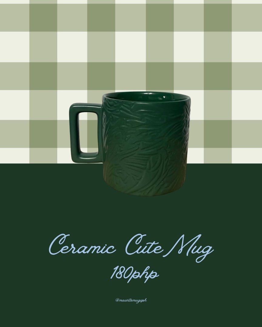 Ceramic Cute Mug Assorted Designs (Category: Coffee & Tea Tableware) located in Manila. Submitted by alanisalc (Listing ID 1464975427, Image 3). Description: - Aesthetic ceramic mugs for coffee, tea, and daily drinks - Available styles: Love statement, textured green, dotted beige, light green with shaped rim, and purple-trimmed teacup - Price range: 130 to 199 PHP per piece - Care instruction: Hand wash recommended - Important: DM us first to ch