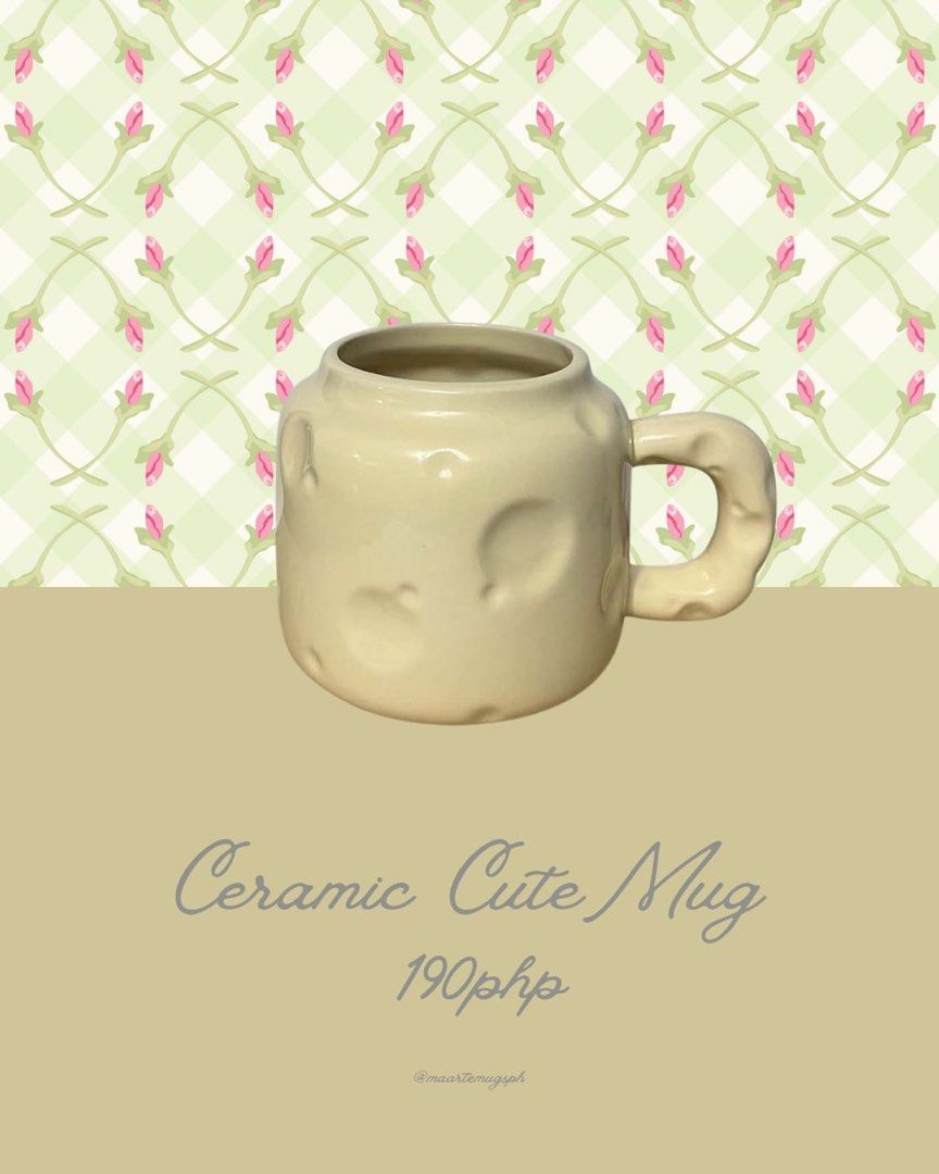 Ceramic Cute Mug Assorted Designs (Category: Coffee & Tea Tableware) located in Manila. Submitted by alanisalc (Listing ID 1464975427, Image 2). Description: - Aesthetic ceramic mugs for coffee, tea, and daily drinks - Available styles: Love statement, textured green, dotted beige, light green with shaped rim, and purple-trimmed teacup - Price range: 130 to 199 PHP per piece - Care instruction: Hand wash recommended - Important: DM us first to ch