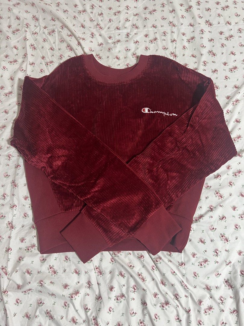Champion Sweatshirt Hoodie (Category: Coats, Jackets and Outerwear) located in Quezon City. Submitted by ficarts (Listing ID 1465002160, Image 1). Description: - Brand: Champion - Color: Maroon - Material: Soft corduroy fabric - Size: Small (tag attached) - Design: Crew neck, ribbed cuffs and hem - Logo: Small embroidered Champion script on left chest - Origin: Made in Vietnam - Condition: Excellent.