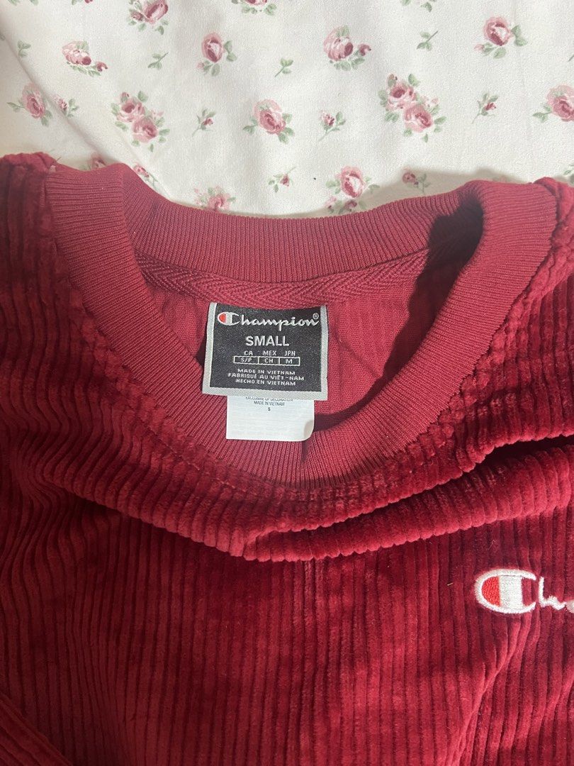 Champion Sweatshirt Hoodie (Category: Coats, Jackets and Outerwear) located in Quezon City. Submitted by ficarts (Listing ID 1465002160, Image 2). Description: - Brand: Champion - Color: Maroon - Material: Soft corduroy fabric - Size: Small (tag attached) - Design: Crew neck, ribbed cuffs and hem - Logo: Small embroidered Champion script on left chest - Origin: Made in Vietnam - Condition: Excellent.