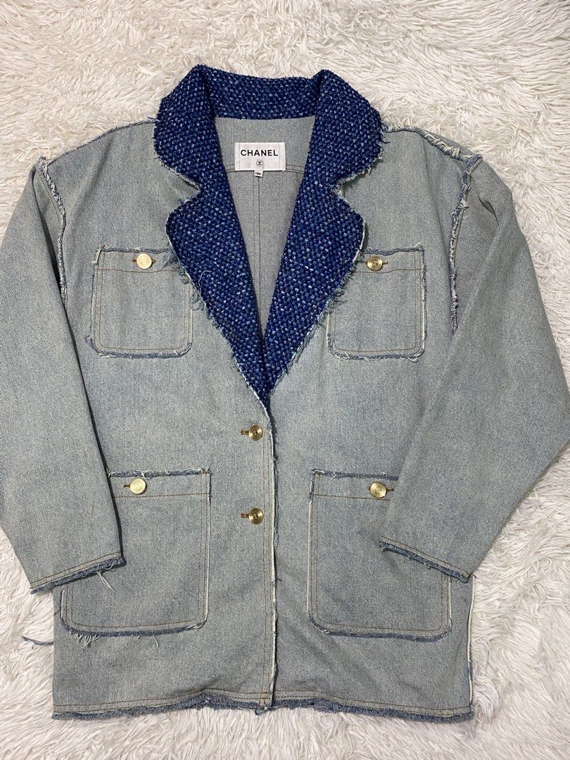 Chanel Denim Jacket Blue Tweed Lapel Size 34 (Category: Coats, Jackets and Outerwear) located in Manila. Submitted by thritingera25 (Listing ID 1464998145, Image 1). Description: - Authentic Chanel denim jacket - Size: 34 - Light wash denim with contrast blue tweed lapel and trim - Trendy raw frayed edges along seams and pockets - Signature gold-tone metal buttons with engraved CC logo - Four functional front flap pockets - Guaranteed authentic, 