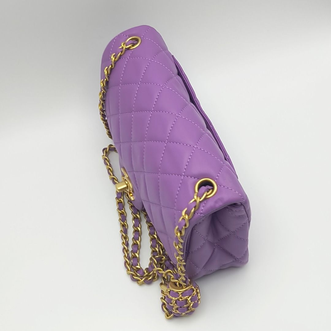 Chanel Mini Rectangular Pearl Crush Flap Bag - Purple (Category: Luxury Bags & Wallets) located in Cebu City. Submitted by affordabagss (Listing ID 1465145891, Image 2). Description: Chanel Mini Rectangular Pearl Crush Flap Bag in purple lambskin leather. Features the signature adjustable Pearl Crush chain, matte gold hardware, and classic CC turn-lock closure. Can be worn over the shoulder or crossbody. Length: 20 cm Height: 12 cm Depth: 6 cm Co
