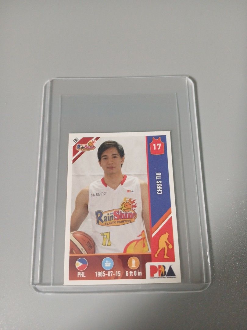 Chris Tiu 195 (Category: Raw Singles) located in Manila. Submitted by diczenestr94951 (Listing ID 1464981260, Image 1). Description: 2018 Stickito PBA Stickers Rain or shine Chris Tiu with toploader .