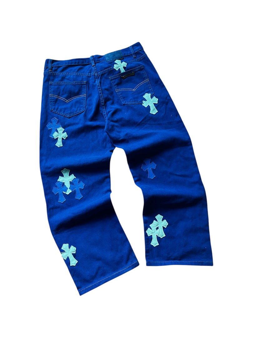Chrome Hearts Denim Blue Pants (Category: Jeans) located in Leon. Submitted by fluffythriftshop (Listing ID 1464994946, Image 2). Description: Chrome Hearts Denim Blue Pants 🔥 - Size : 32 on tag / Dimes - Waistline : 30-33 - Length : 39.5 - Leg opening : 9 - No issue - Color Rate : 9.5 out of 10 - Excellent Condition Price : 1,999 ( still negotiable sa sure buyer ) DM : 📥 ILOILO 📍 - unli vouch & video call with item for safety🫶🏻.