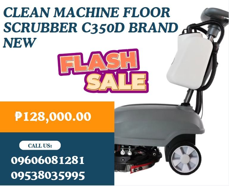 Clean Machine Floor Scrubber C350D BRAND NEW (Category: Cleaning Tools & Supplies) located in Aroroy. Submitted by 09602831019 (Listing ID 1464990257, Image 1). Description: ●Working width : 350mm ●Squeegee Width : 420mm ●Cleaning efficiency : 1200 ●Max forward speed : 4.5km/h ●Brush pressure : 22kg ●Brush RPM : 175 ●Solution tank : 13L ●Recovery tank : 15L ●Brush motor power : 400W ●Suction motor power : 400W ●Voltage : DC 2*12V/32Ah ●Working ti