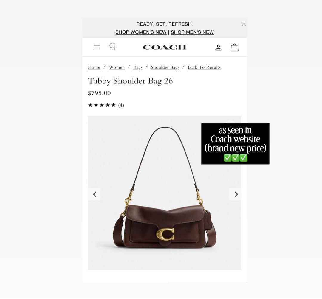 COACH TABBY BAG 26 (LATEST RELEASED) (Category: Luxury Bags & Wallets) located in Manila. Submitted by grabmybags (Listing ID 1465091505, Image 2). Description: ✅ AUTHENTIC COACH BOUGHT IN COACH SYDNEY (in QVB mall) ✅ MONEY BACK GUARANTEED ✅ YOU MAY COMPARE PRICE FOR BRAND-NEW Comes with original dust bag and paperbag.