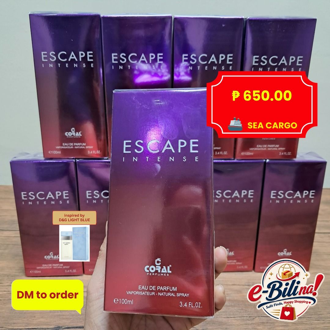 Coral Perfumes Escape Intense EDP 100ml (Category: Fragrance & Deodorants) located in Mexico. Submitted by ebili.na (Listing ID 1465022656, Image 1). Description: • 🌸 Scent profile: A refreshing mix of Sicilian lemon, crisp apple, soft jasmine, and warm amber. • 📸 Visual: Luxury geometric bottle shimmering under warm, elegant boutique lighting. • 📏 Size: 100ml • 🛡️ Authenticity: 100% Original • 📅 ETA: End of December 2026.
