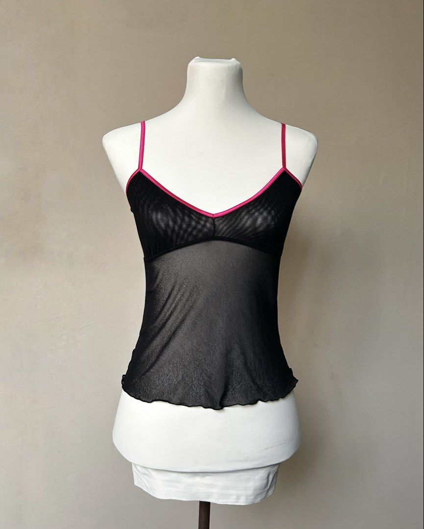 Cosabella Black Mesh Cami Top with Pink Lining (Category: Sleeveless) located in Los Banos. Submitted by hotlinevintage777 (Listing ID 1465002781, Image 1). Description: — brand: cosabella — m on tag, fits xs to m — adjustable straps — bust part is double lined, lower part is mesh/see through .