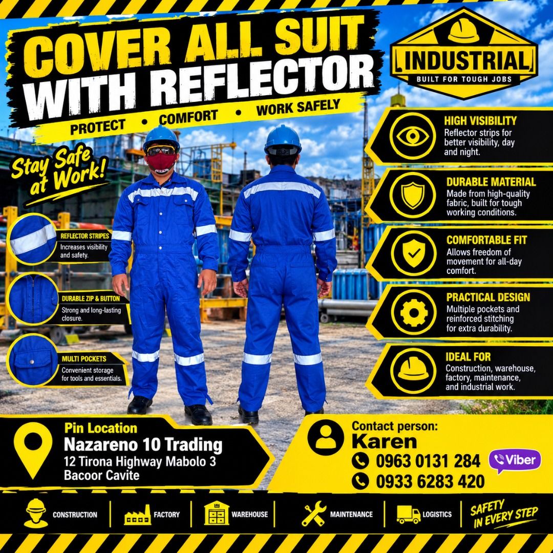 Cover all suit with Reflector (Category: Looking For) located in Bacoor. Submitted by kajezame.2021 (Listing ID 1465029725, Image 1). Description: Cover all suit with Reflector For More Details and Discount Contact Ms. Karen NAZARENO 10 TRADING 0963 0131 284 0933 6283 420 0956 7028 557 0933 8559 510 Landline: Look for Ms. Karen (046 ) 416 3920 Also available: • Traffic cone • Parking Block stopper • Chemical Gloves • Road Plastic Barrier • Plasti