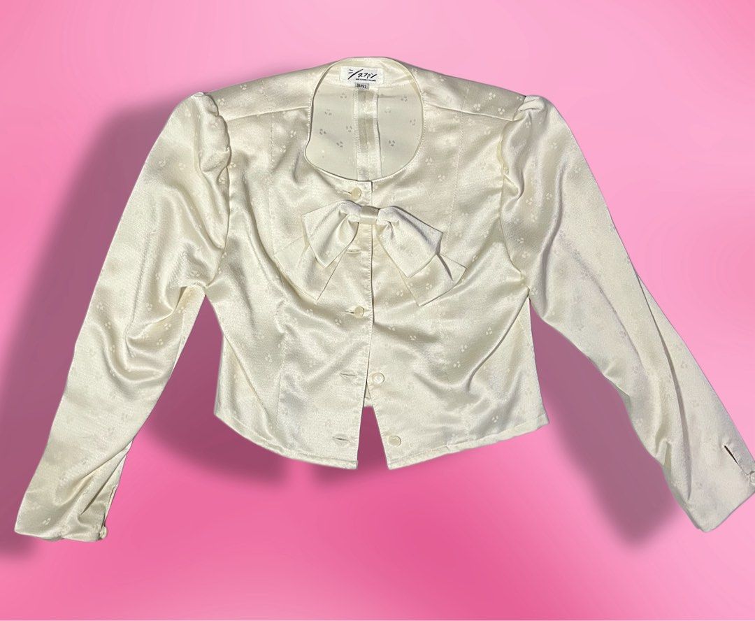 cream floral bow button-up blouse (Category: Coats, Jackets and Outerwear) located in Quezon City. Submitted by ayzria (Listing ID 1465031360, Image 1). Description: .