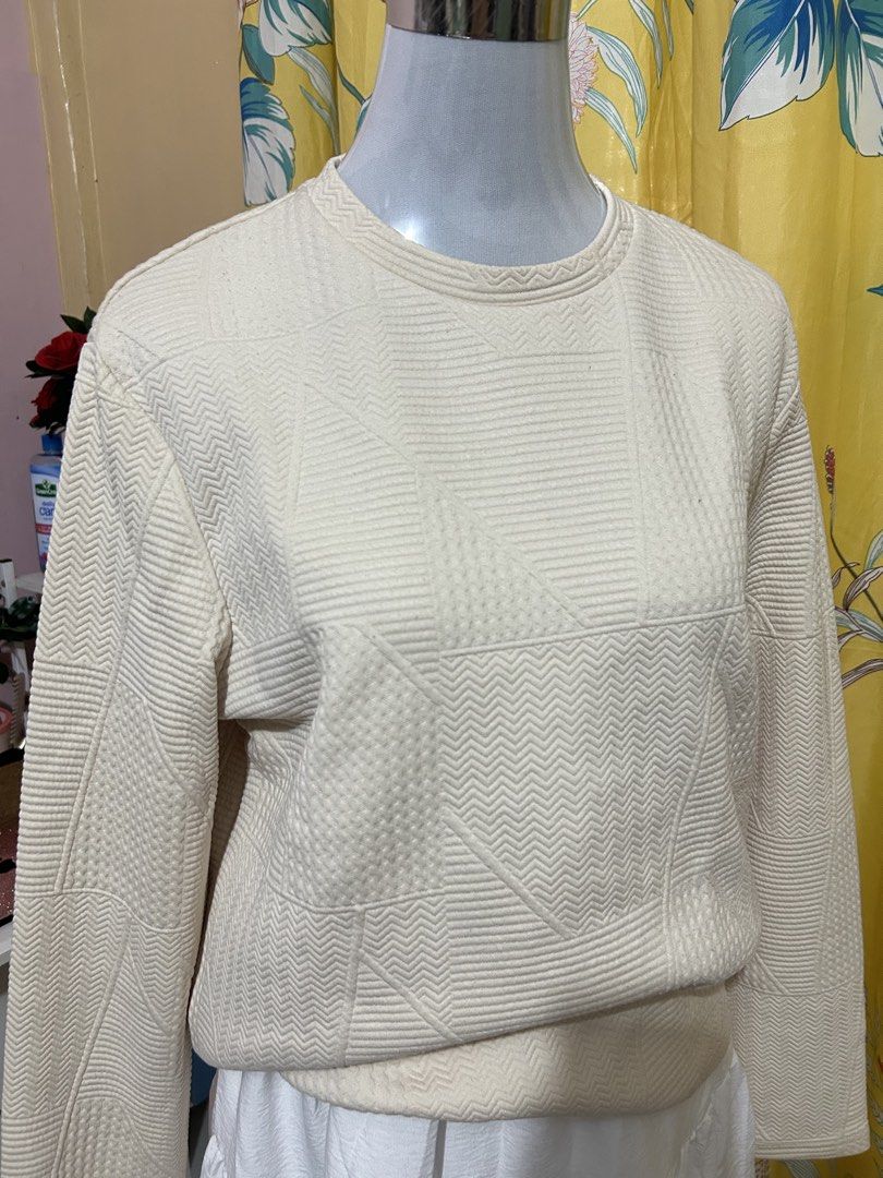 Cream Geometric Textured Top for winter (Category: Sets or Coordinates) located in Makati City. Submitted by aizy_sell (Listing ID 1465028989, Image 3). Description: - Cream long sleeve top featuring stylish textured geometric panels - Round neckline for a classic, comfortable fit - White tiered midi skirt with a stretchy elastic waistband - Made from lightweight, breathable fabric - Perfect for casual outings, dates, or everyday wear - Condition