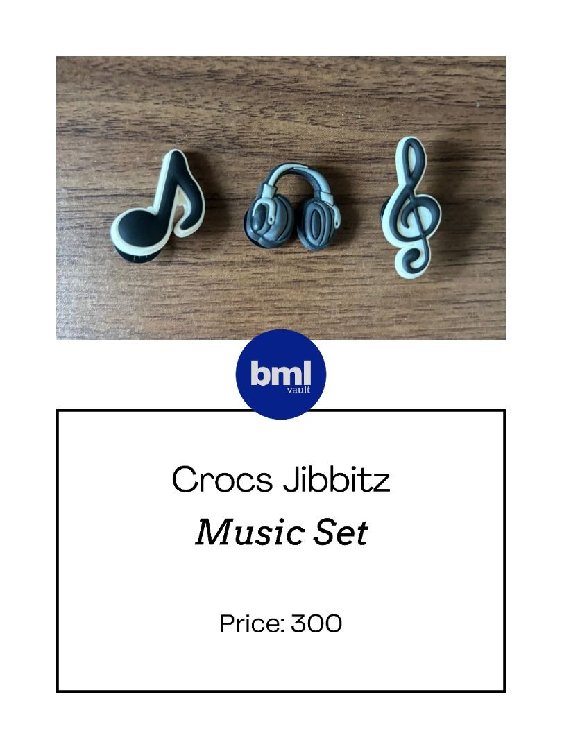 Crocs Jibbitz Music Set | Shipping fee (Category: Shoe inserts) located in Cebu City. Submitted by bml_vault (Listing ID 1465002744, Image 1). Description: - Set of 3 music-themed Crocs charms - Includes musical note, headphones, and treble clef designs - Stylish black and white colorway - Perfect way for music lovers to customize their clogs - Easy to pop in and out of shoe ventilation holes.