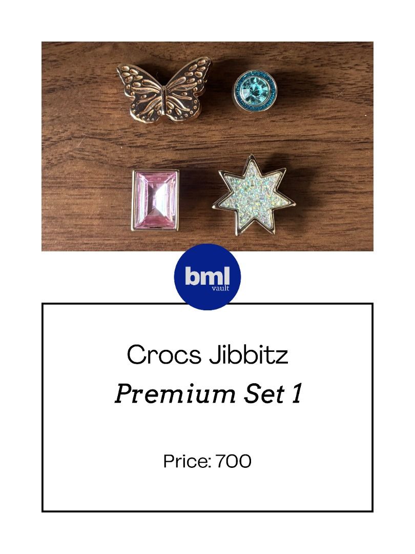 Crocs Jibbitz Premium Set 1 | BML Vault Philippines (Category: Shoe inserts) located in Cebu City. Submitted by bml_vault (Listing ID 1465005956, Image 1). Description: - Set of 4 premium Crocs Jibbitz charms - Includes bronze butterfly, round blue gem, rectangular pink rhinestone, and glittery white star - Easy to pop into Crocs holes to instantly customize your look - Price: ₱700 per set.