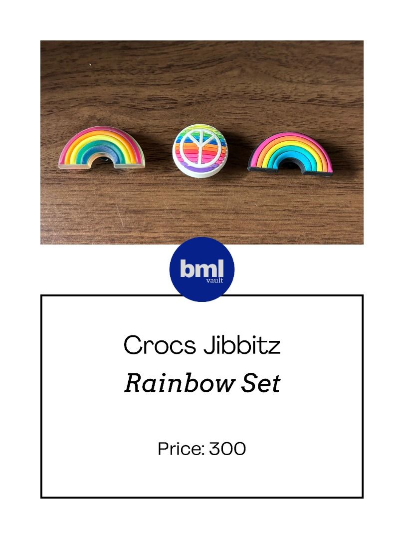 Crocs Jibbitz Rainbow Set | BML Vault Philippines (Category: Shoe inserts) located in Cebu City. Submitted by bml_vault (Listing ID 1465003139, Image 1). Description: - Set of 3 vibrant Crocs Jibbitz charms - Includes 2 colorful rainbow designs and 1 peace sign with rainbow stripes - Fun and easy way to customize your favorite clogs - Great for adding a bright pop of color to your footwear - Brand new and ready to ship.