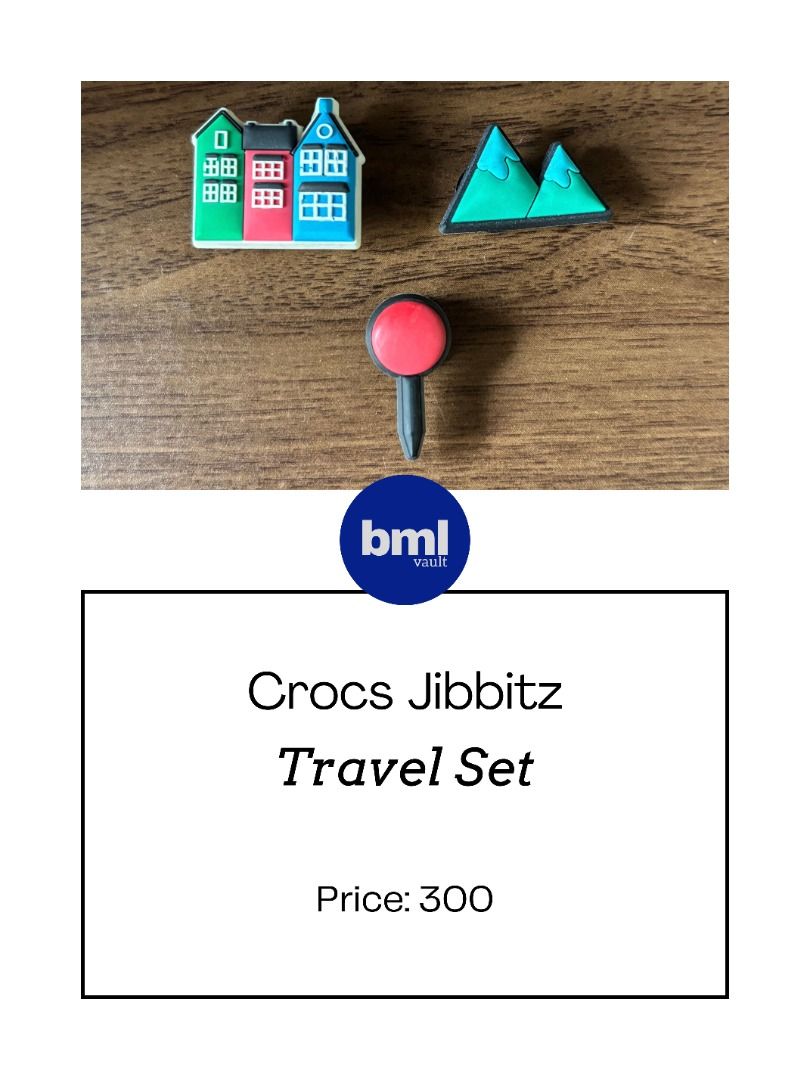 Crocs Jibbitz Travel Set | BML Vault Philippines (Category: Shoe inserts) located in Cebu City. Submitted by bml_vault (Listing ID 1465004294, Image 1). Description: - Travel-themed Crocs Jibbitz charm set - Includes colorful houses, mountains, and a red map pin design - Easy to pop directly into clog ventilation holes - Fun and easy way to customize your favorite footwear - Great little bundle for travel enthusiasts.