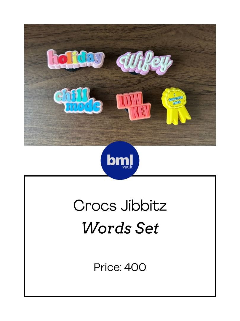 Crocs Jibbitz Words Set | BML Vault Philippines (Category: Shoe inserts) located in Cebu City. Submitted by bml_vault (Listing ID 1465005264, Image 1). Description: - Set of 5 assorted Crocs Jibbitz charms - Includes designs: 'holiday', 'Wifey', 'chill mode', 'LOW KEY', and a yellow ribbon 'I SURVIVED 2020' badge - Fun and colorful mix to personalize your favorite clogs - Easy way to switch up your everyday footwear style.