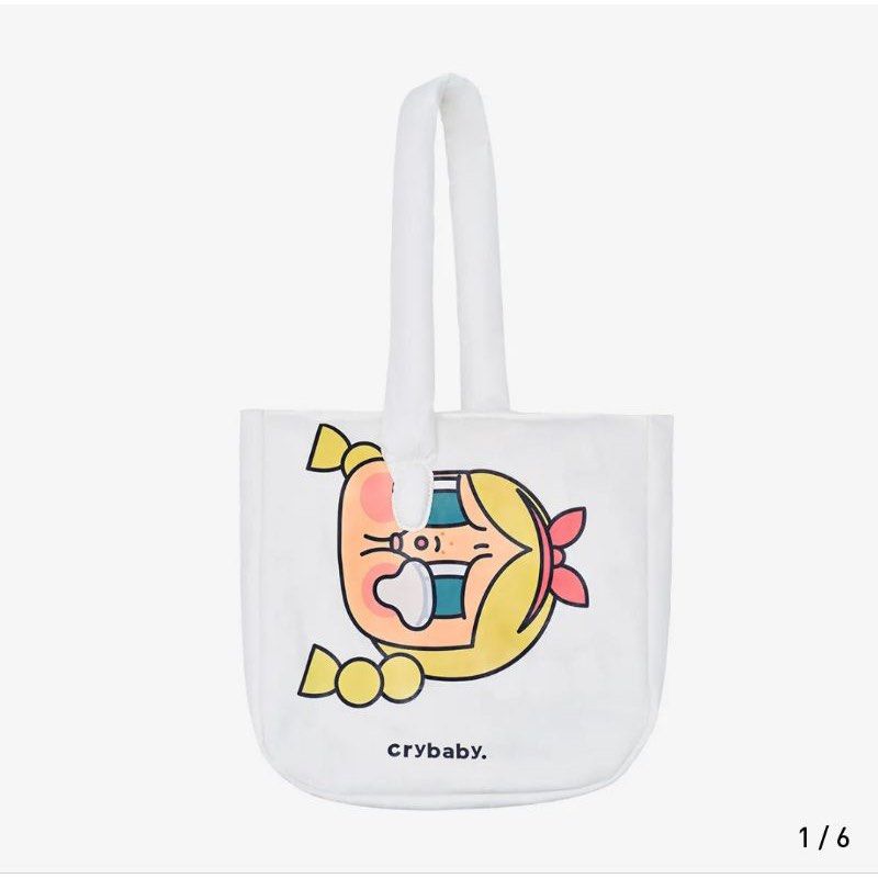 Crybaby White Graphic Tote Bag (Category: Tote Bags) located in Manila. Submitted by curatedbyei (Listing ID 1464986933, Image 1). Description: POPMART Crybaby Sunset Concert Series- Used Once only.