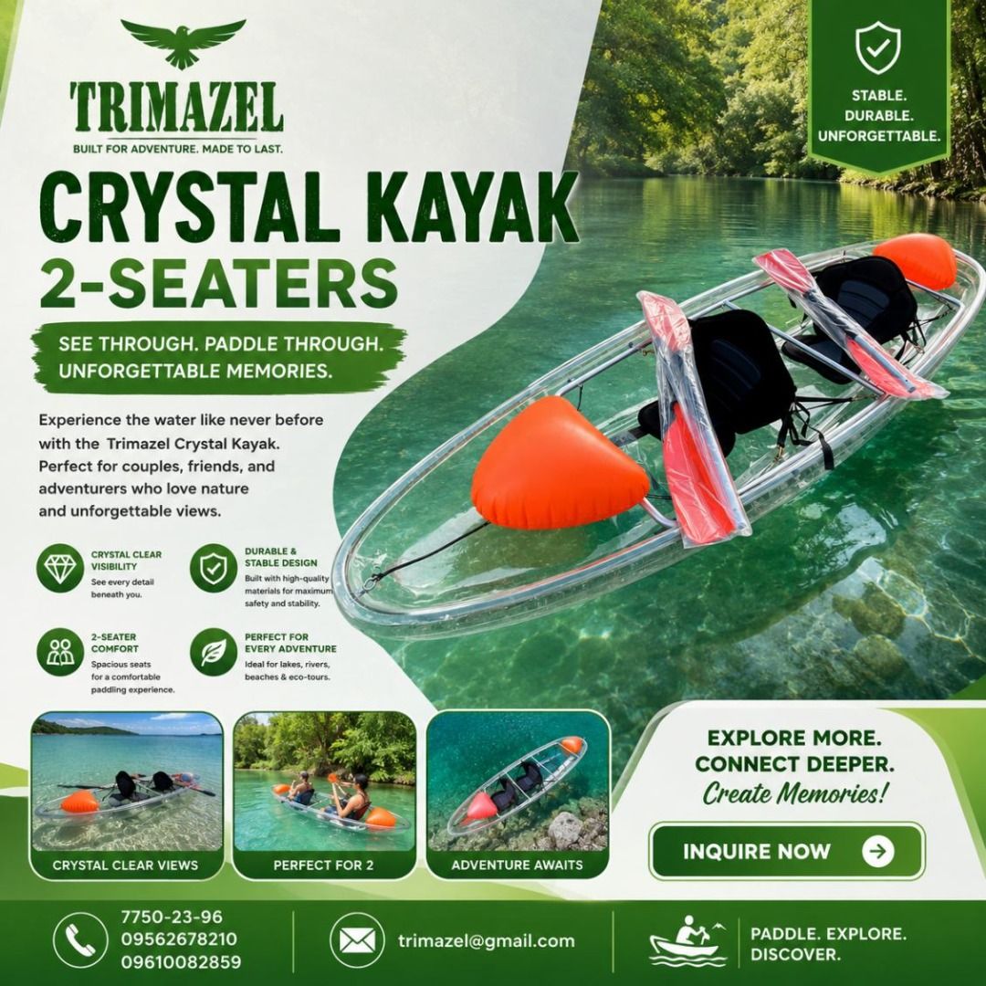 crystal kayak 2 seater (Category: Construction Tools & Equipment) located in Quezon City. Submitted by irishbayaban20 (Listing ID 1465014863, Image 1). Description: ✅ Guaranteed lowest price ✅ Quality products ✅ 100% LEGIT TRUSTED SUPPLIER! ✅ With Complete Legal Documents ✅ BIR Registered We Supply All Kinds Of PPE Supplies, Raincoat, Hard Hat, Cooler Box, Plastic Trash Bin, Road Barriers, Kayak Boats, Crystal Kayak, Traffic Cone, T-Bollards & Al
