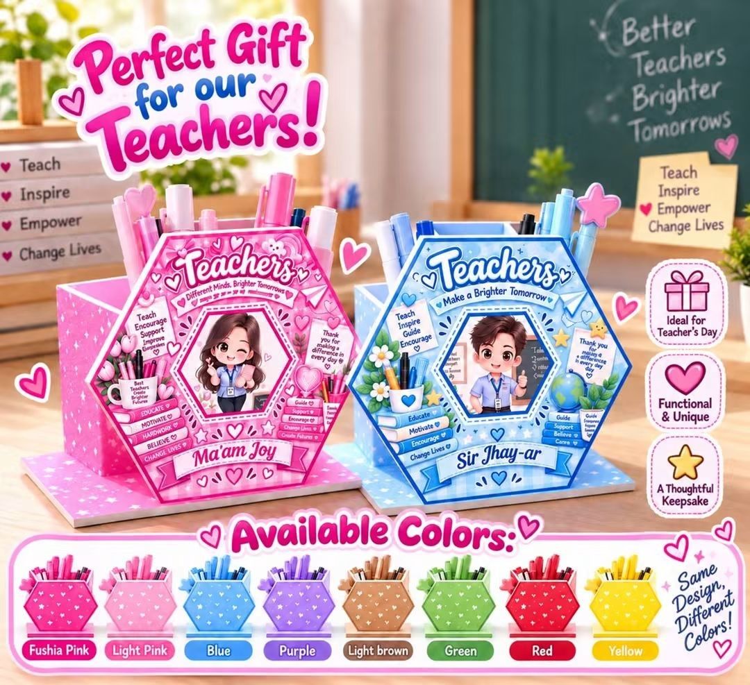 Customized Teacher Pen Holder Desk Organizer (Category: Stationery & School Supplies) located in San Fernando. Submitted by analex05 (Listing ID 1465056786, Image 1). Description: - Custom wooden desk organizer specially designed for teachers - Hexagonal shape with fun star patterns all over - Features a personalized name plate and cute cartoon avatar on the front - Easily holds pens, pencils, rulers, and sticky notes - Available in vibrant color