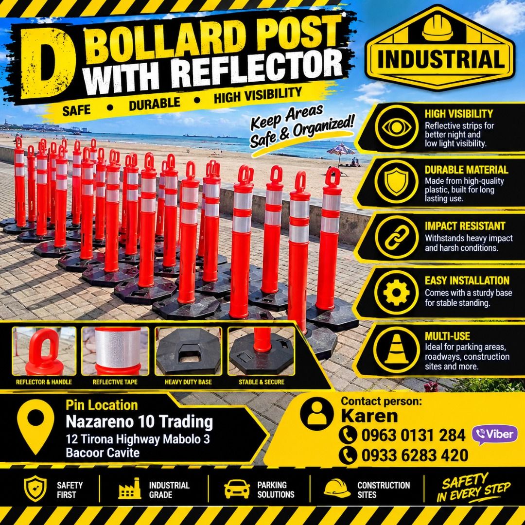 D - BOLLARD POST WITH REFLECTOR (Category: Looking For) located in Bacoor. Submitted by kajezame.2021 (Listing ID 1465004060, Image 1). Description: D - BOLLARD POST WITH REFLECTOR For More Details and Discount Contact Ms. Karen NAZARENO 10 TRADING 0963 0131 284 0933 6283 420 0956 7028 557 0933 8559 510 Landline: Look for Ms. Karen (046 ) 416 3920 Also available: • Traffic cone • Parking Block stopper • Hooded trash bin • Road Plastic Barrier • S