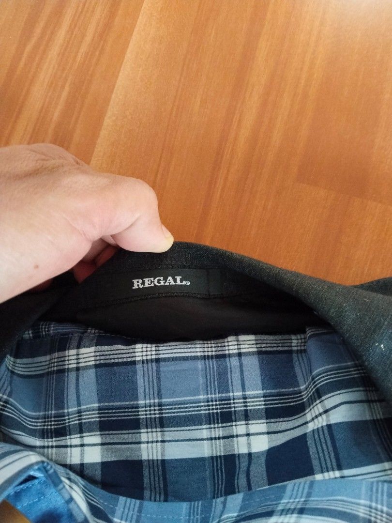 Dark Gray Blazer (Category: Coats, Jackets and Outerwear) located in Mabalacat. Submitted by al_amin_thrift (Listing ID 1464969268, Image 2). Description: 🧥 Set 1 — Dark Gray Blazer + George Blue Plaid Shirt Details - Blazer: Classic dark charcoal gray blazer — 2-button, notch lapels, chest + 2 front pockets ​ - Measurements: 29" length × 21" chest (approx. XL) ​ - Shirt: George — light blue plaid button-down, soft cotton, size L/XL ​ - Fabric: 