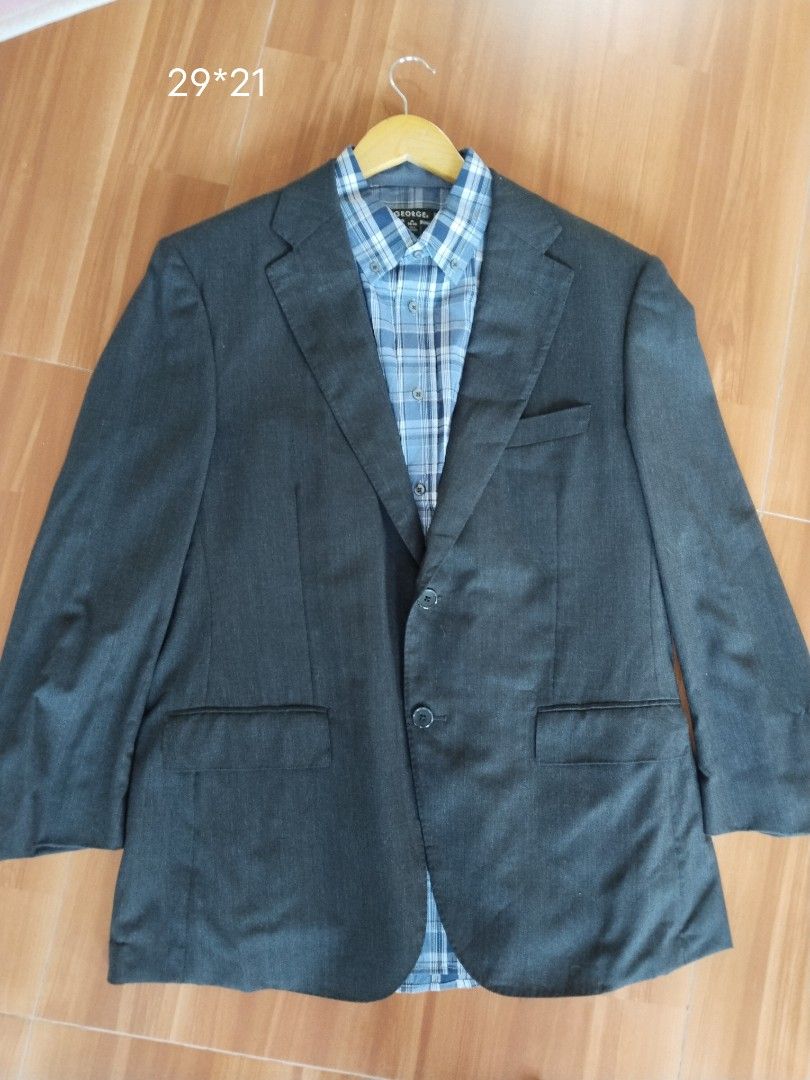 Dark Gray Blazer (Category: Coats, Jackets and Outerwear) located in Mabalacat. Submitted by al_amin_thrift (Listing ID 1464969268, Image 1). Description: 🧥 Set 1 — Dark Gray Blazer + George Blue Plaid Shirt Details - Blazer: Classic dark charcoal gray blazer — 2-button, notch lapels, chest + 2 front pockets ​ - Measurements: 29" length × 21" chest (approx. XL) ​ - Shirt: George — light blue plaid button-down, soft cotton, size L/XL ​ - Fabric: 