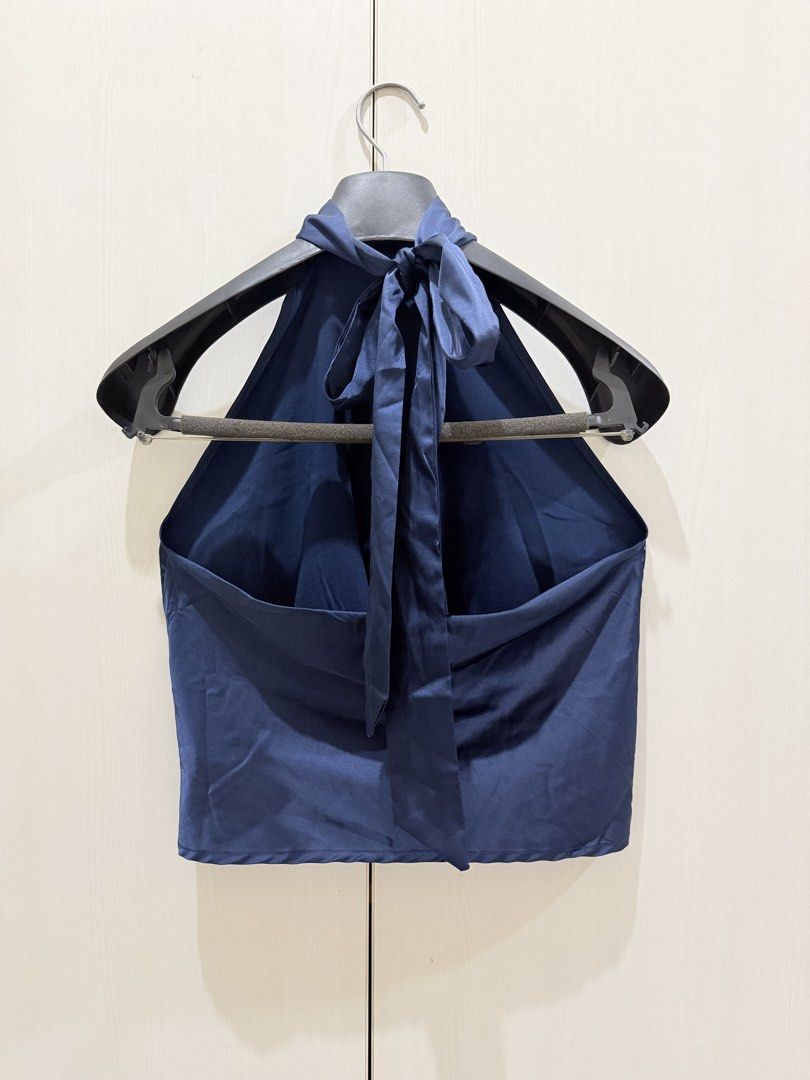 Dark Navy Blue Satin Halter Neck Top (Category: Sleeveless) located in Manila. Submitted by rhei.preloved (Listing ID 1465056919, Image 3). Description: Color: Dark navy blue Material: Soft satin USED ONCE ‼️.